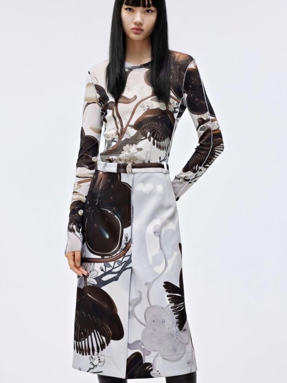 JNBY Floral Sheer-ish Shirt and Skirt Set